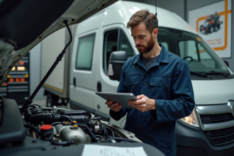 Mécanicien homme examine un moteur diesel dans un atelier moderne