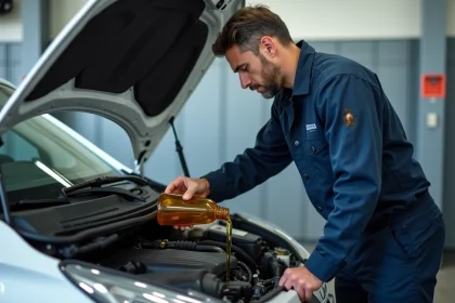 Mécanicien versant de l'huile moteur synthétique dans le moteur d'une Peugeot 208 blanche dans un atelier automobile professionnel