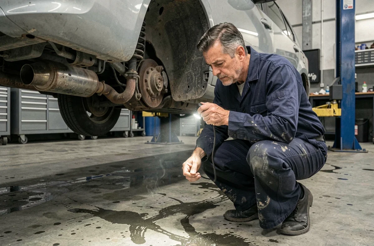 Mécanicien inspectant le dessous d'une voiture essence compacte sur un pont élévateur dans un garage automobile professionnel