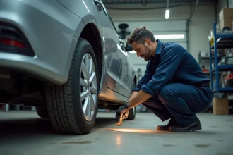 Mécanicien inspectant le dessous d'une voiture d'occasion dans un garage indépendant, illustration de la garantie mécanique Capcar