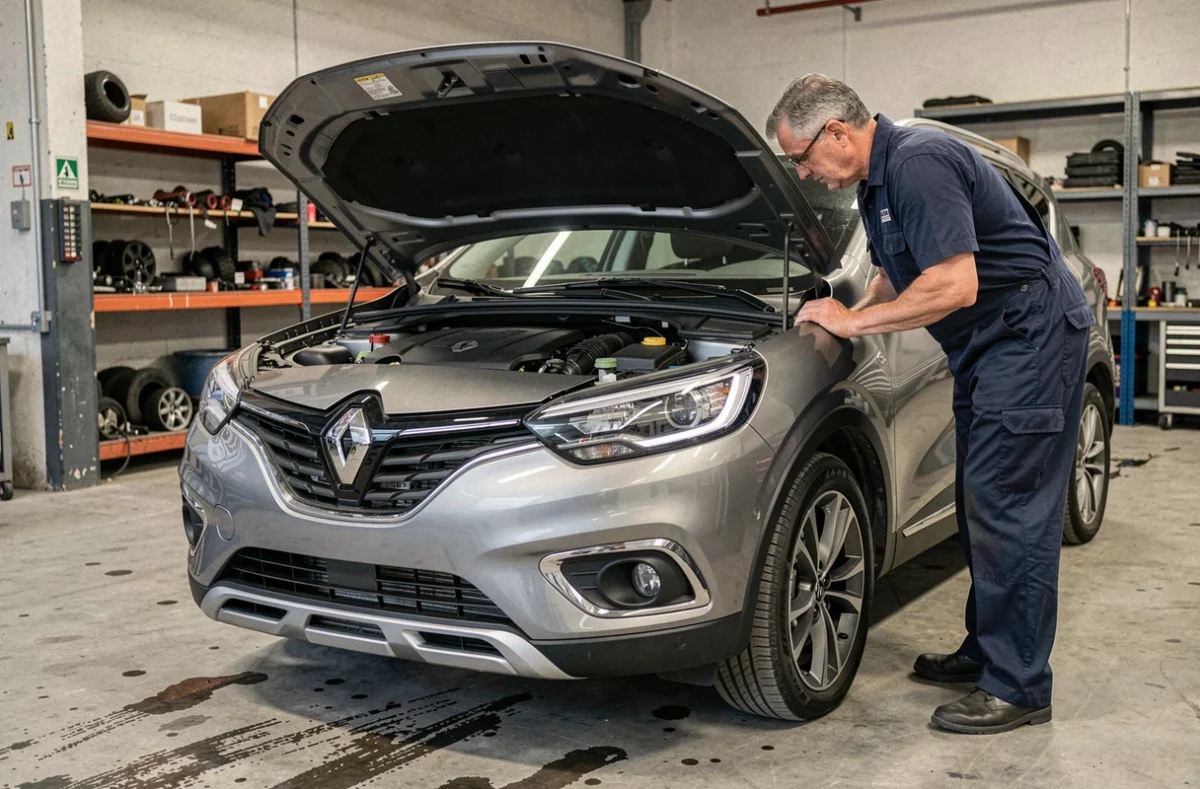 Mécanicien inspectant le moteur 1.3 TCe d'une Renault Kadjar dans un garage urbain