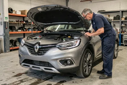 Mécanicien inspectant le moteur 1.3 TCe d'une Renault Kadjar dans un garage urbain