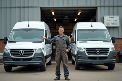 Mécanicien entre deux vans H2 et H3 sur un parking