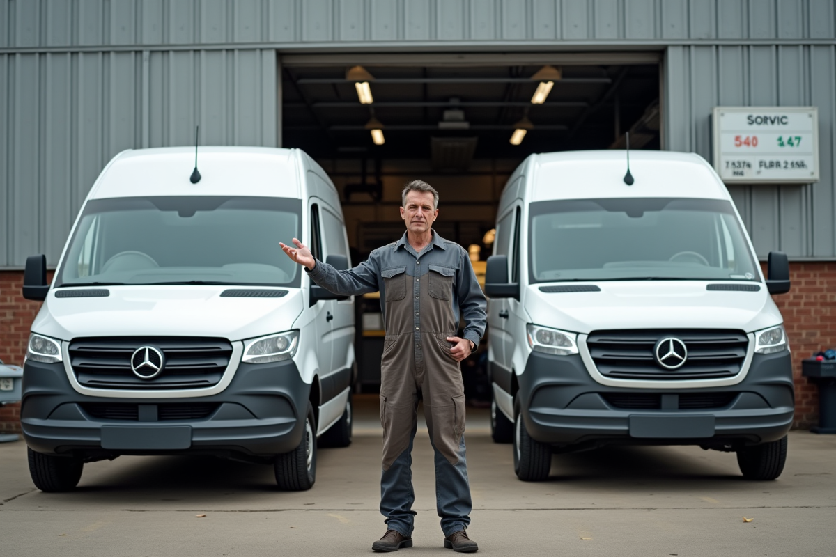 Mécanicien entre deux vans H2 et H3 sur un parking