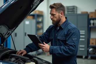 Mécanicien homme inspectant un moteur avec tablette dans un atelier