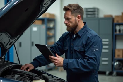 Mécanicien homme inspectant un moteur avec tablette dans un atelier