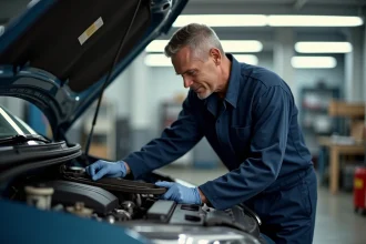 Mécanicien d'âge moyen inspectant un moteur de voiture dans un garage propre