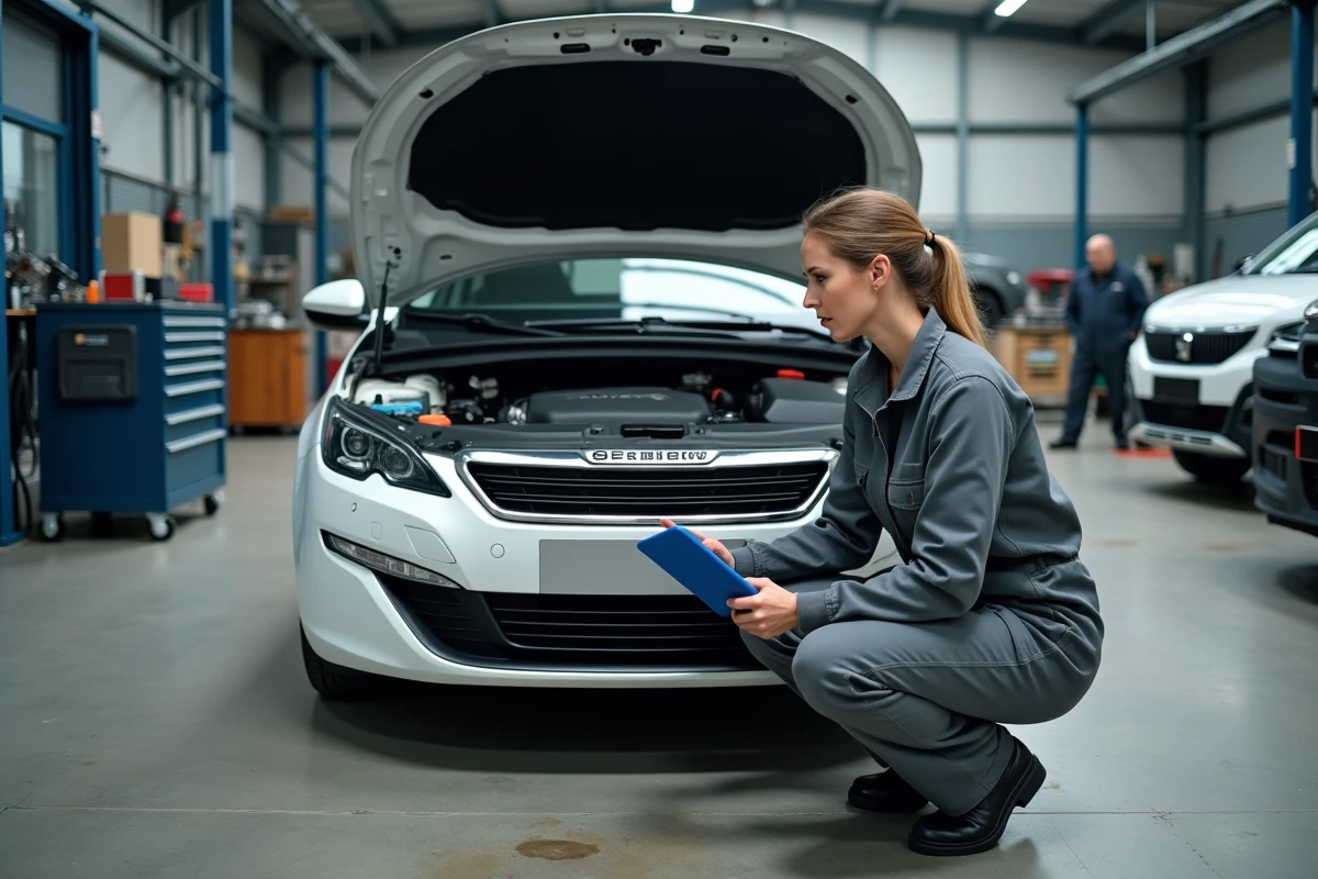 Mécanicienne diagnostiquant une Peugeot en atelier SAV dans le cadre d'une révision sous garantie constructeur