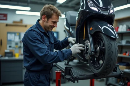 Mécanicien inspectant les freins d'un scooter dans un atelier de contrôle technique professionnel