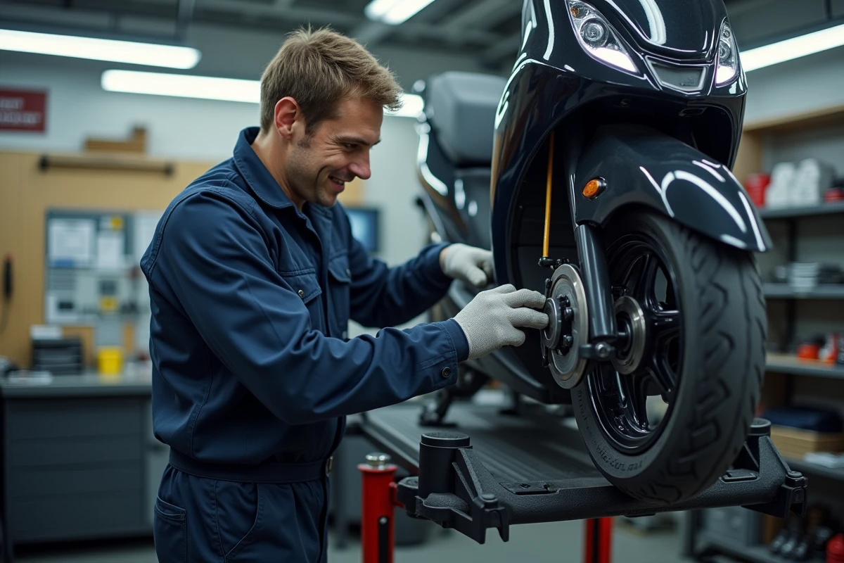 Mécanicien inspectant les freins d'un scooter dans un atelier de contrôle technique professionnel