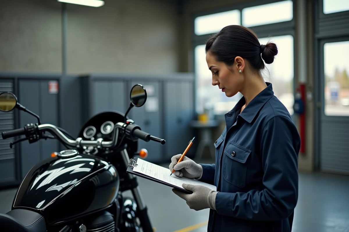 Femme m&eacute;canicienne v&eacute;rifiant une moto dans un garage moderne