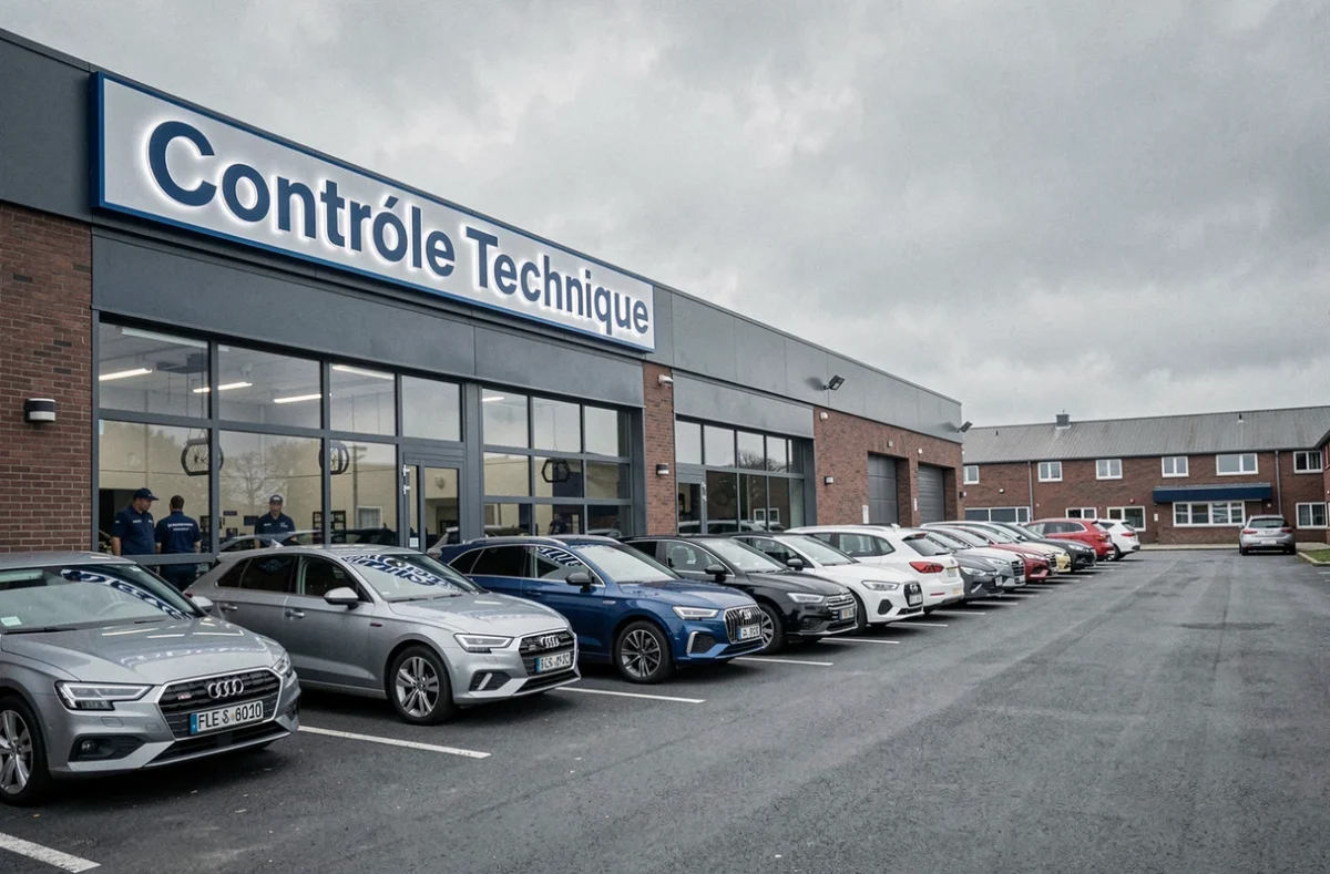Vue d'ensemble d'un centre de contrôle technique dans le Pas-de-Calais avec des voitures en attente