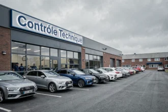 Vue d'ensemble d'un centre de contrôle technique dans le Pas-de-Calais avec des voitures en attente