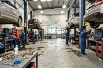 Vue d'ensemble d'un garage automobile breton animé avec plusieurs mécaniciens au travail sur des véhicules