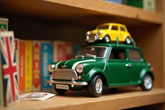 Miniature de collection Mini Cooper Mr. Bean en métal vert avec voiture jaune sur le toit, posée sur une étagère de collectionneur avec son emballage d'origine