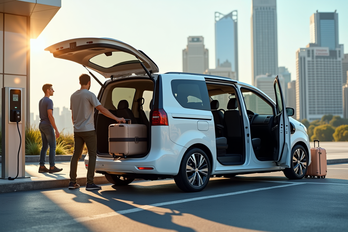Minivan garée à une station de recharge urbaine en ville