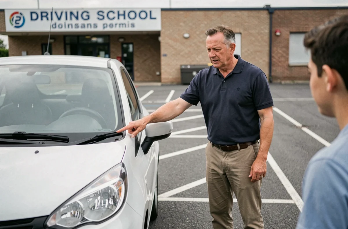 Moniteur d'auto-école expliquant le fonctionnement d'une voiture sans permis à un jeune élève dans un parking