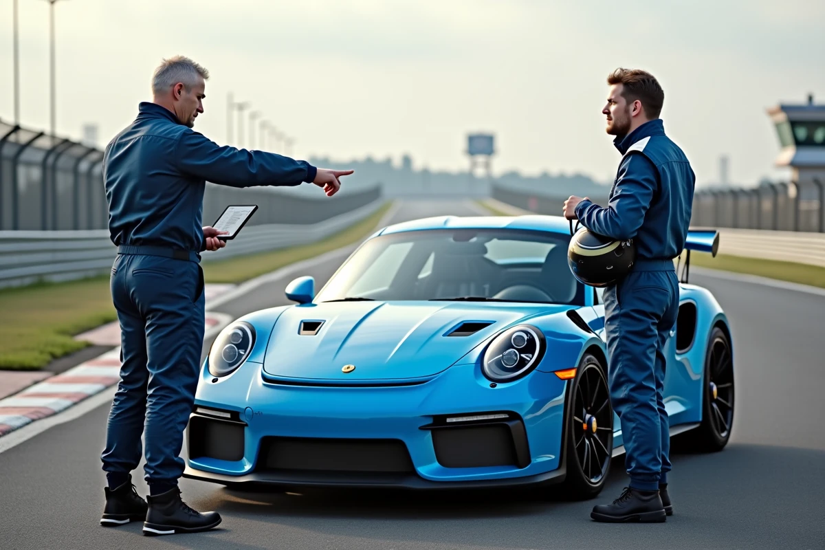 Moniteur et stagiaire analysant les données de télémétrie au bord d'une voiture de sport sur un circuit de pilotage