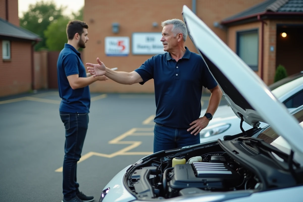 Moniteur d'auto-école expliquant les vérifications moteur sous le capot à un élève dans une cour d'école de conduite