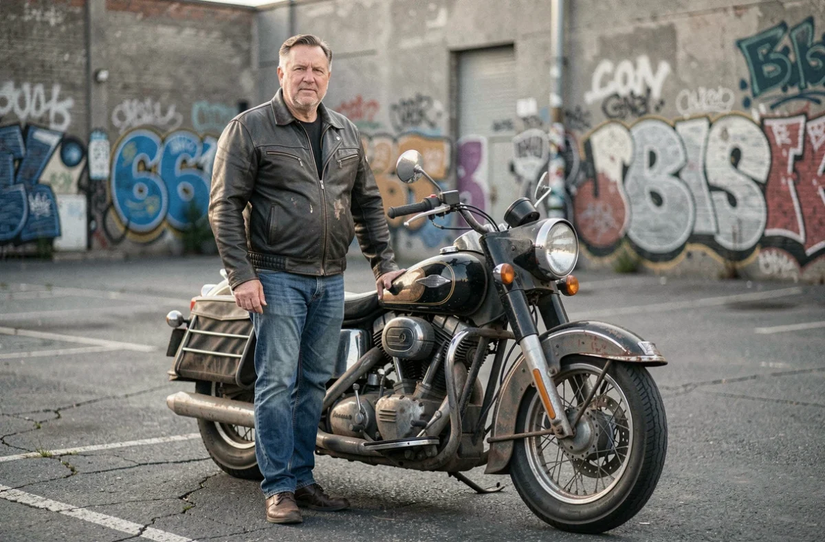 Motard debout à côté de sa moto vintage dans un parking urbain, illustrant le boycott du contrôle technique moto