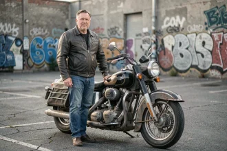 Motard debout à côté de sa moto vintage dans un parking urbain, illustrant le boycott du contrôle technique moto
