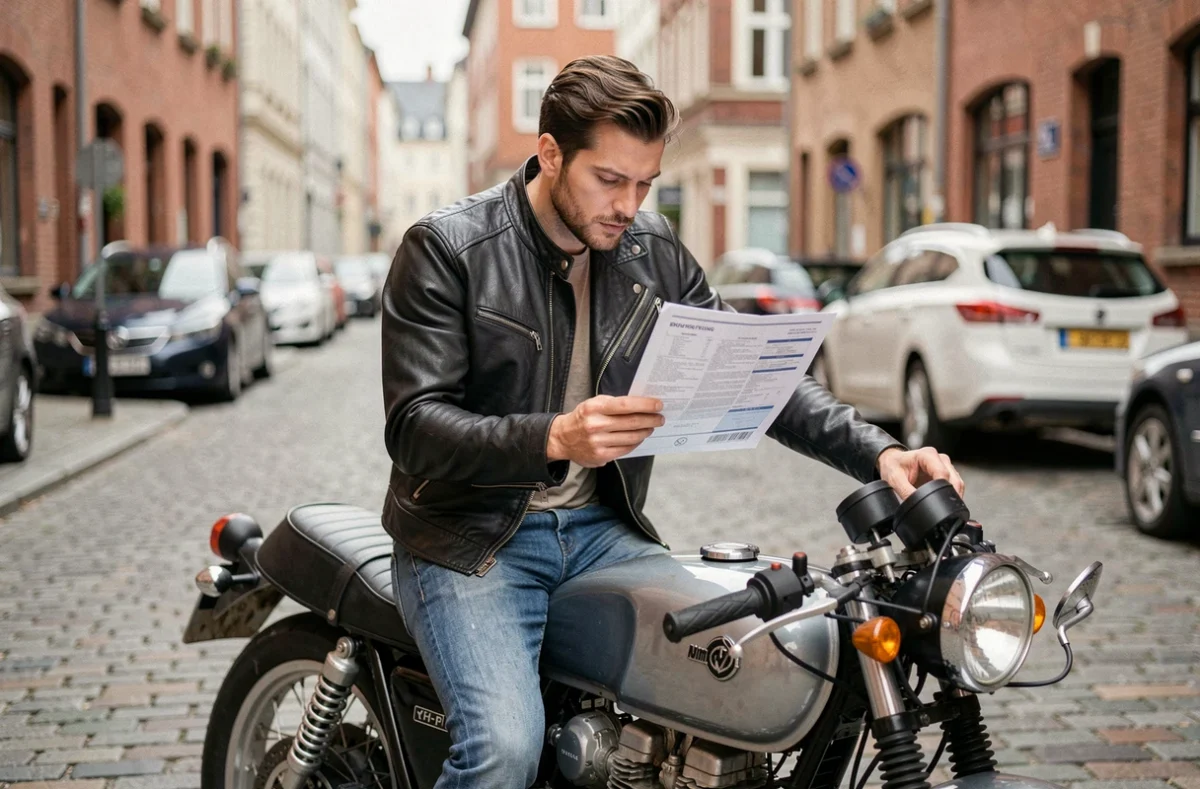 Motard en veste de cuir consultant son contrat d'assurance moto sur une rue pavée en ville