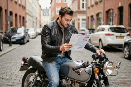 Motard en veste de cuir consultant son contrat d'assurance moto sur une rue pavée en ville