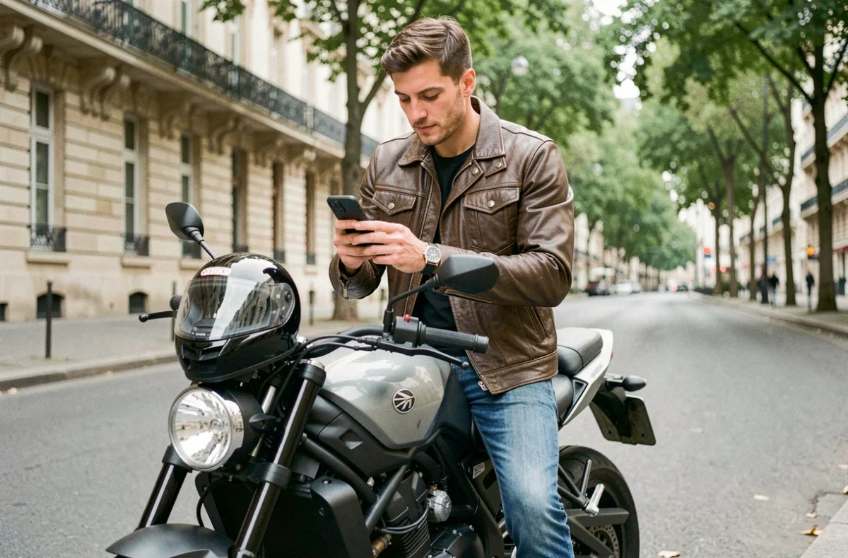 Motard parisien consultant une application d'assurance moto sur son smartphone, assis sur sa moto garée le long d'un boulevard haussmannien