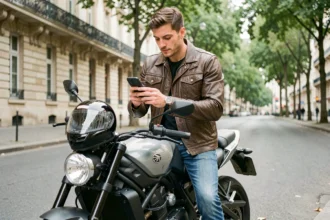 Motard parisien consultant une application d'assurance moto sur son smartphone, assis sur sa moto garée le long d'un boulevard haussmannien