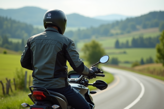 Motard en textile sur une moto en campagne