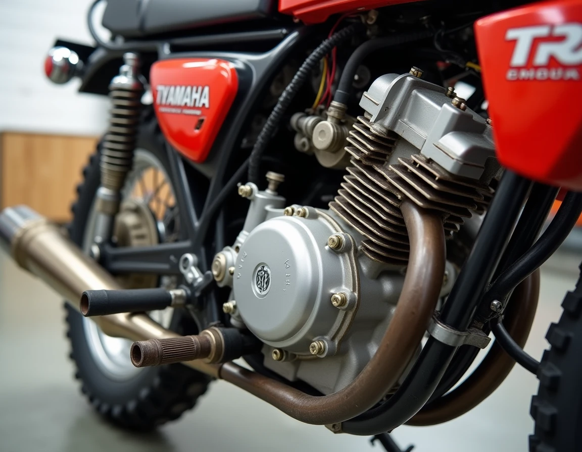 Gros plan sur le moteur deux temps et le carburateur d'un Yamaha TZR 50cc d'occasion, montrant l'état général pour une check-list d'achat
