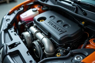 Moteur Renault TCe vu de dessus dans un atelier mécanique, montrant la turbine et le câblage avec des signes d'usure réalistes