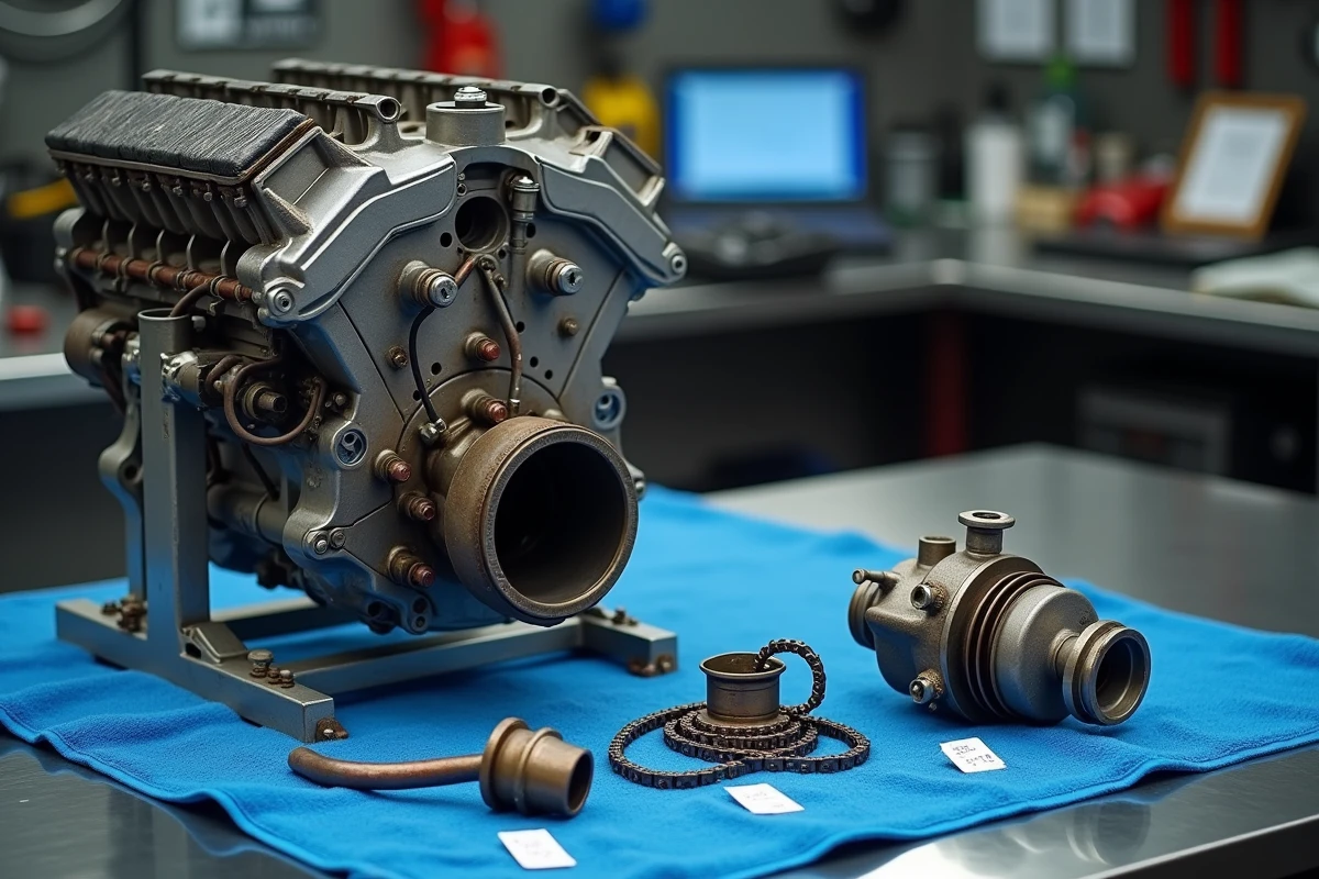 Moteur Renault TCe démonté sur un établi avec pièces usées étiquetées incluant chaîne de distribution et tuyau turbo