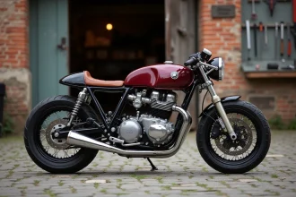 Moto café racer classique avec guidon bas et réservoir bordeaux métallisé sur pavés devant un atelier en brique