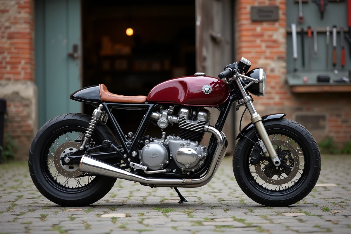 Moto café racer classique avec guidon bas et réservoir bordeaux métallisé sur pavés devant un atelier en brique