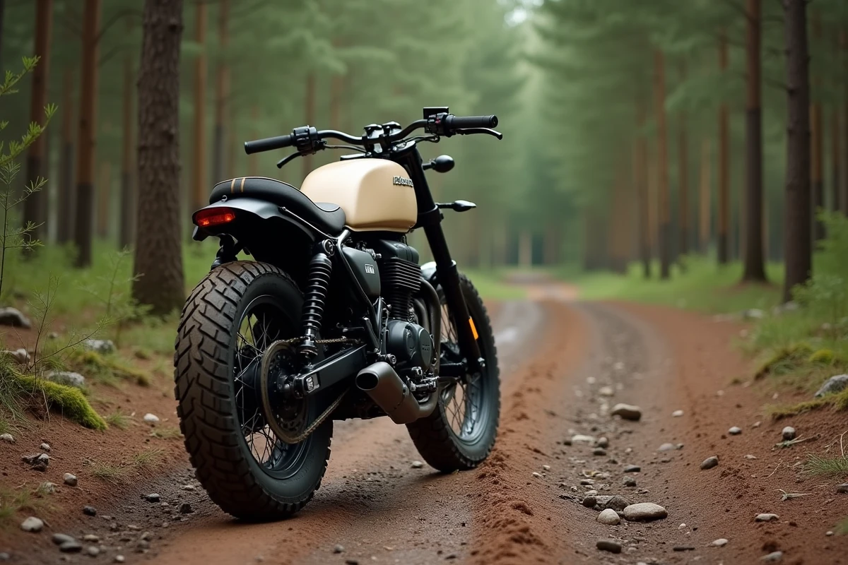 Moto scrambler moderne avec pneus tout-terrain et silencieux hauts garée sur un sentier forestier en gravier