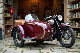 Moto sidecar de collection des années 1960 restaurée avec soin, garée sur des pavés anciens dans un garage en pierre, chromés étincelants et carrosserie bordeaux patinée