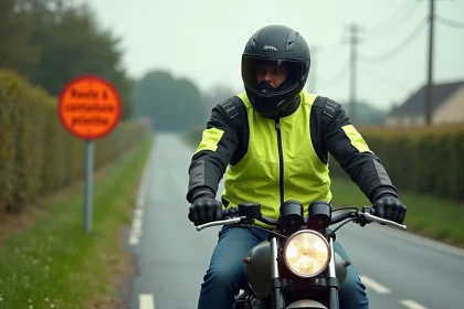 Jeune motard en veste haute visibilit&eacute; pr&egrave;s d'un panneau prioritaire