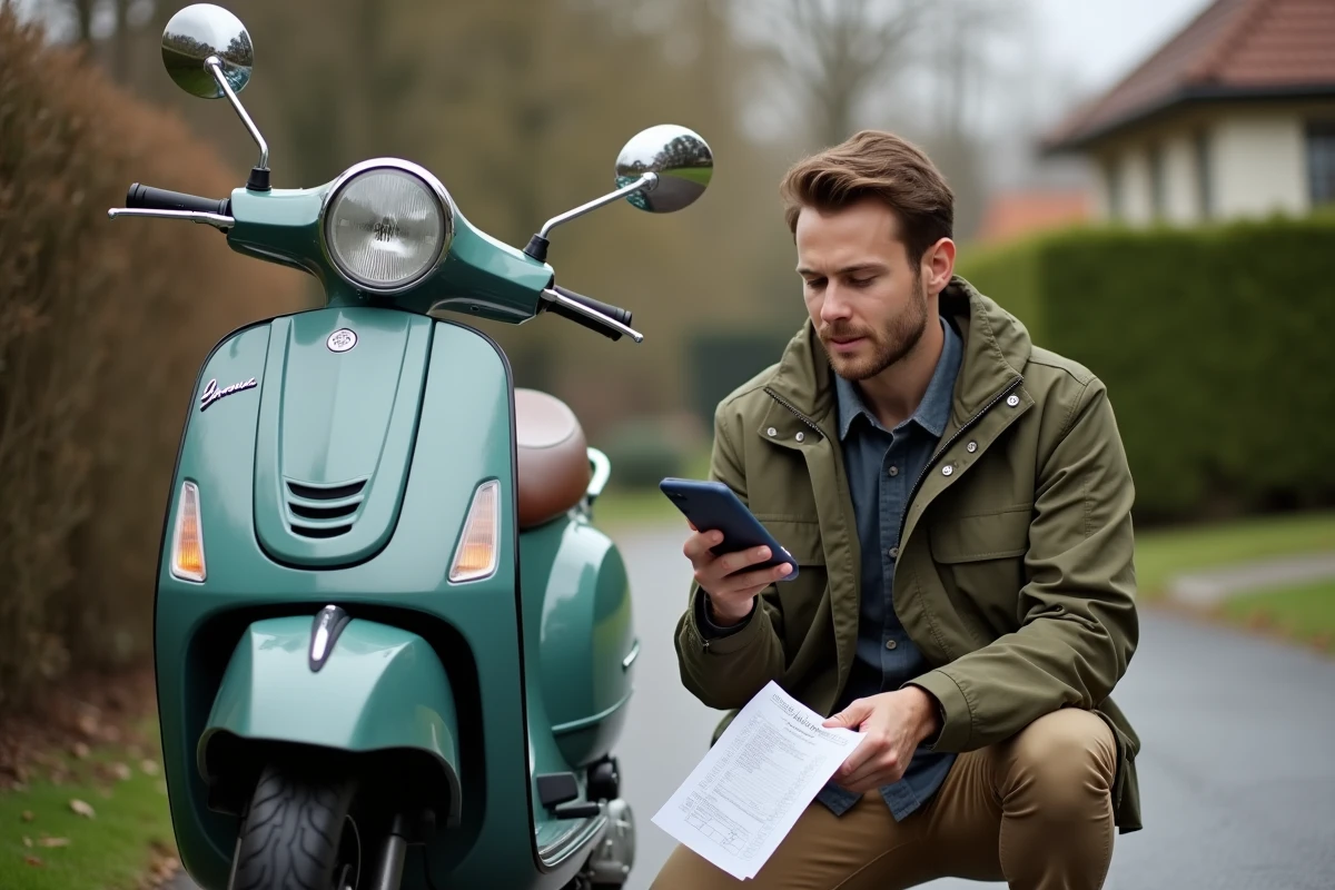 Jeune homme photographiant le numéro de série d'un scooter pour prouver sa conformité sans permis