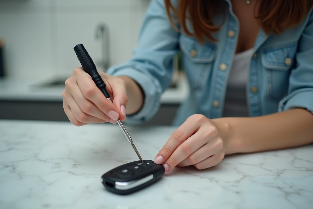 Femme ouvrant le boîtier d'une clé Clio 4 avec un petit tournevis plat sur un plan de travail de cuisine