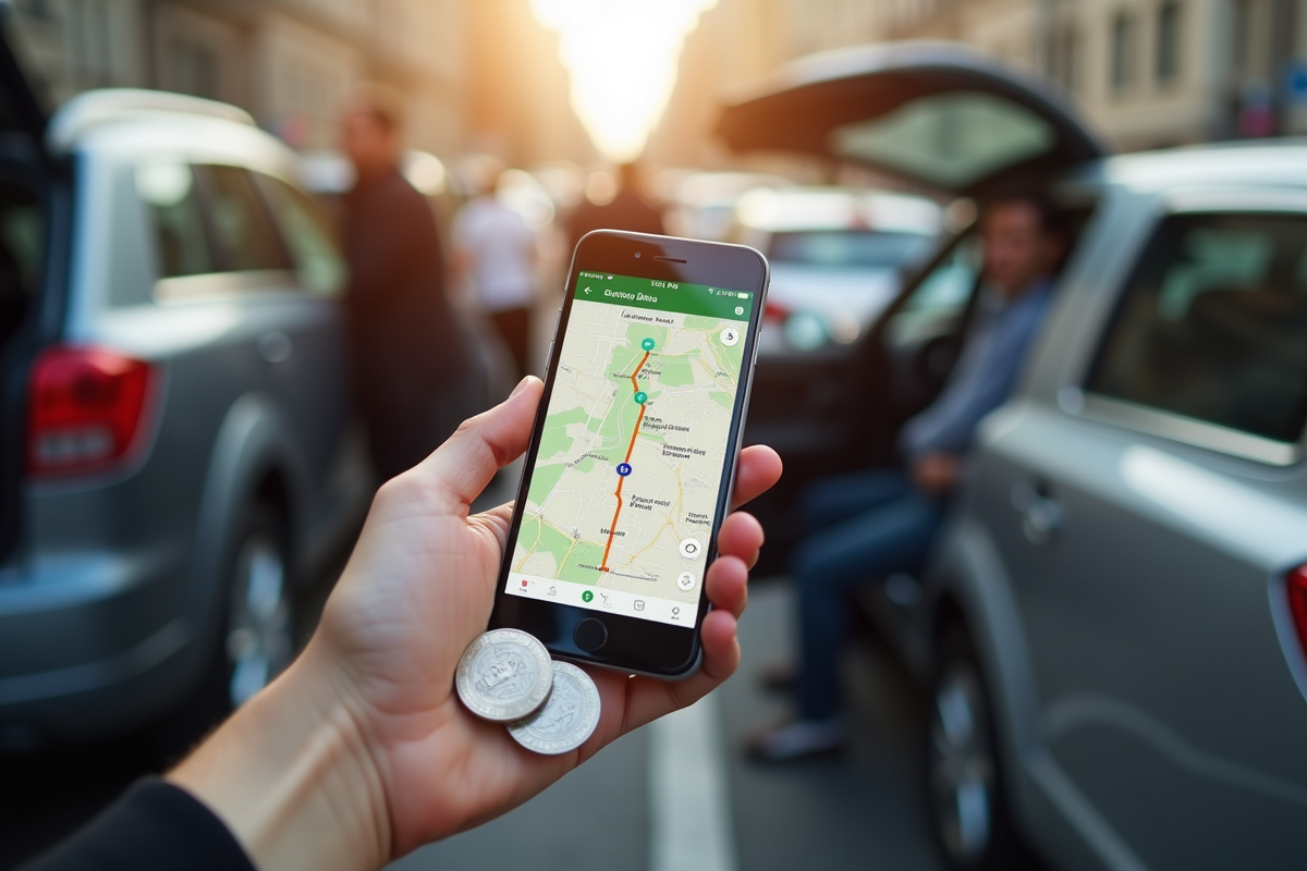 Main tenant pièces et smartphone avec itinéraire de covoiturage