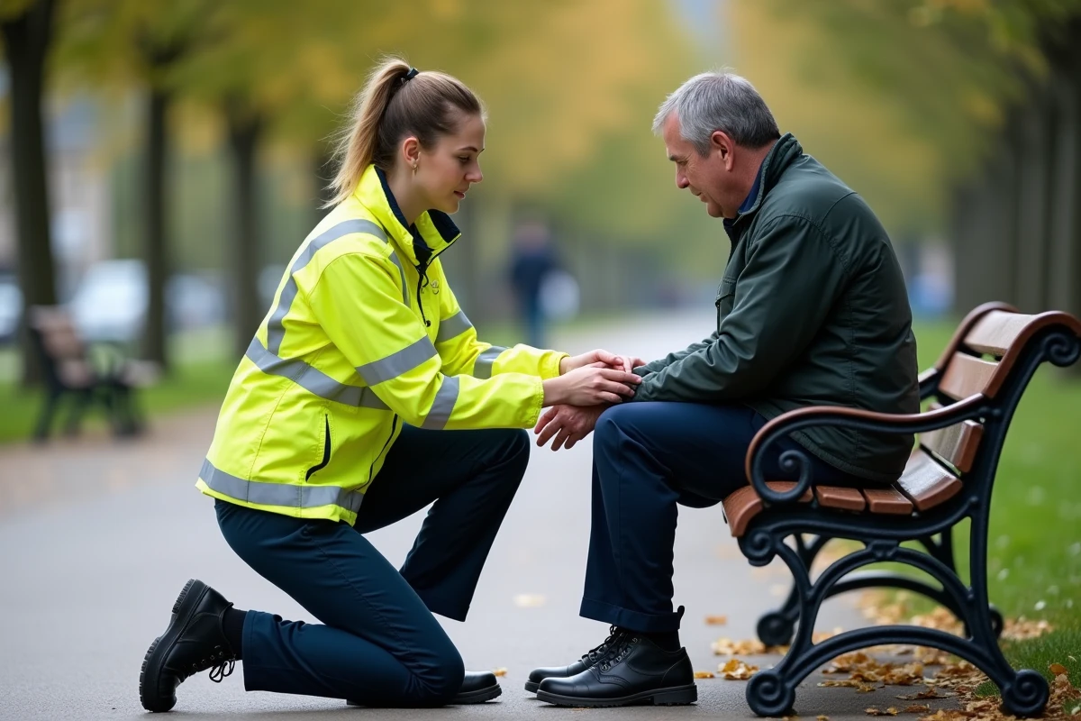 Paramedic en action aidant un piéton assis dans un parc