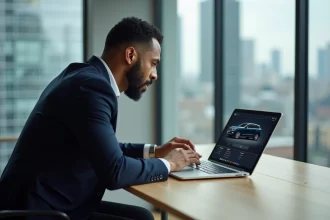 Homme passionné d'automobile consultant le site salonautomonaco.com sur son ordinateur portable dans un bureau moderne
