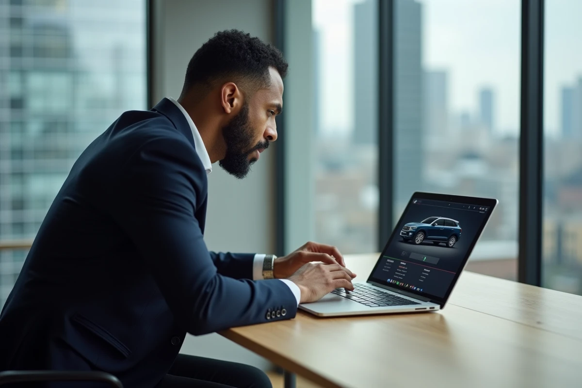 Homme passionné d'automobile consultant le site salonautomonaco.com sur son ordinateur portable dans un bureau moderne