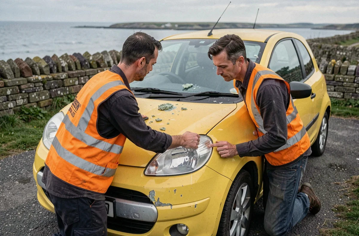 Spécialiste de Penestin Repar Autos évaluant des dommages de grêle sur un véhicule compact en Bretagne