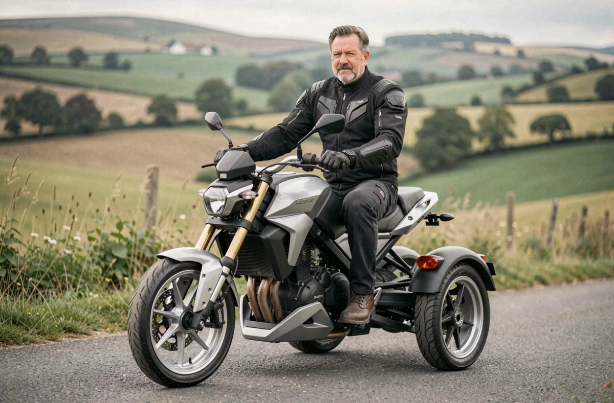 Homme en blouson moto assis sur un trois-roues motorisé sur une route de campagne, illustrant le permis moto trois roues