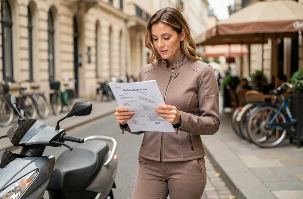 Femme consultant un guide de permis à côté d'un scooter trois roues en ville, pour illustrer les catégories de permis moto