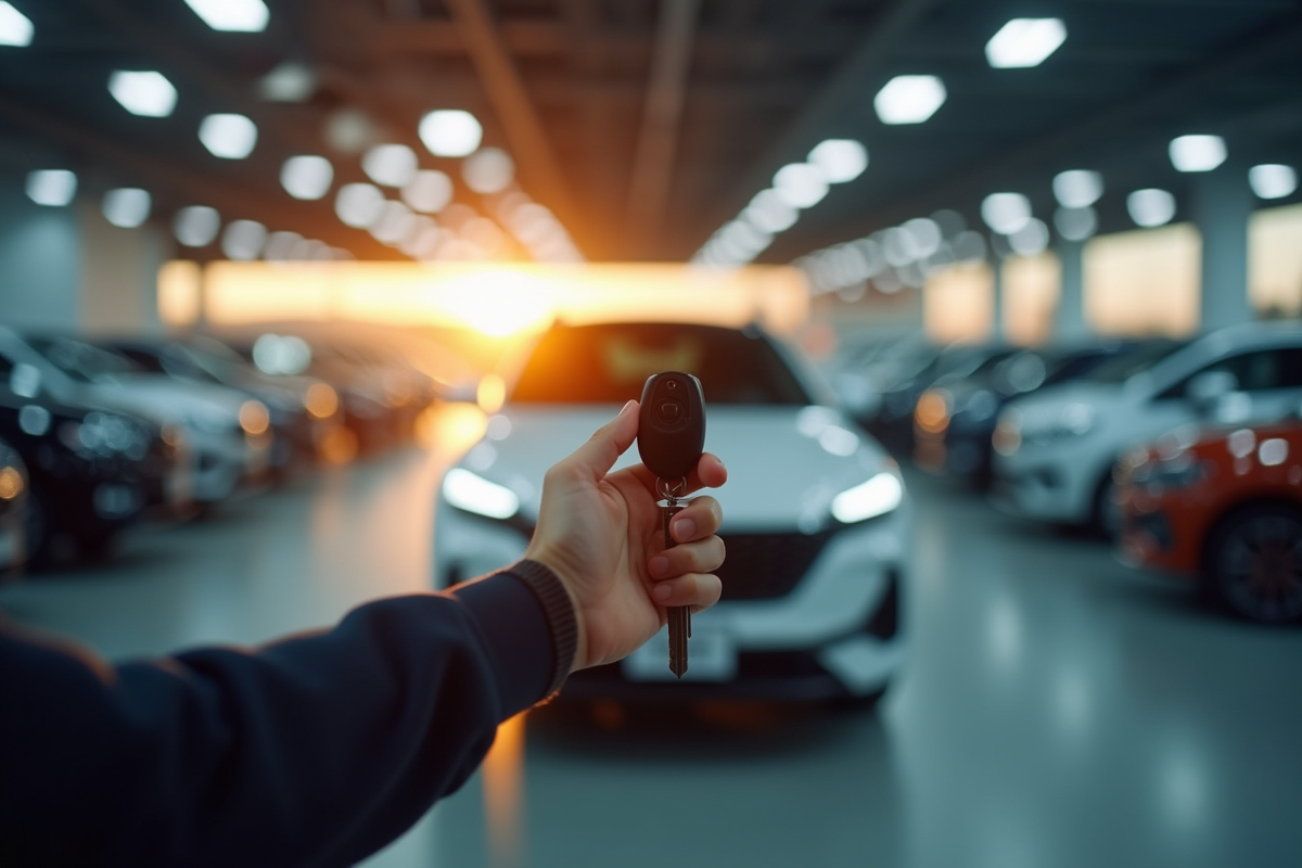 Personne tenant clés voiture écologique dans concession