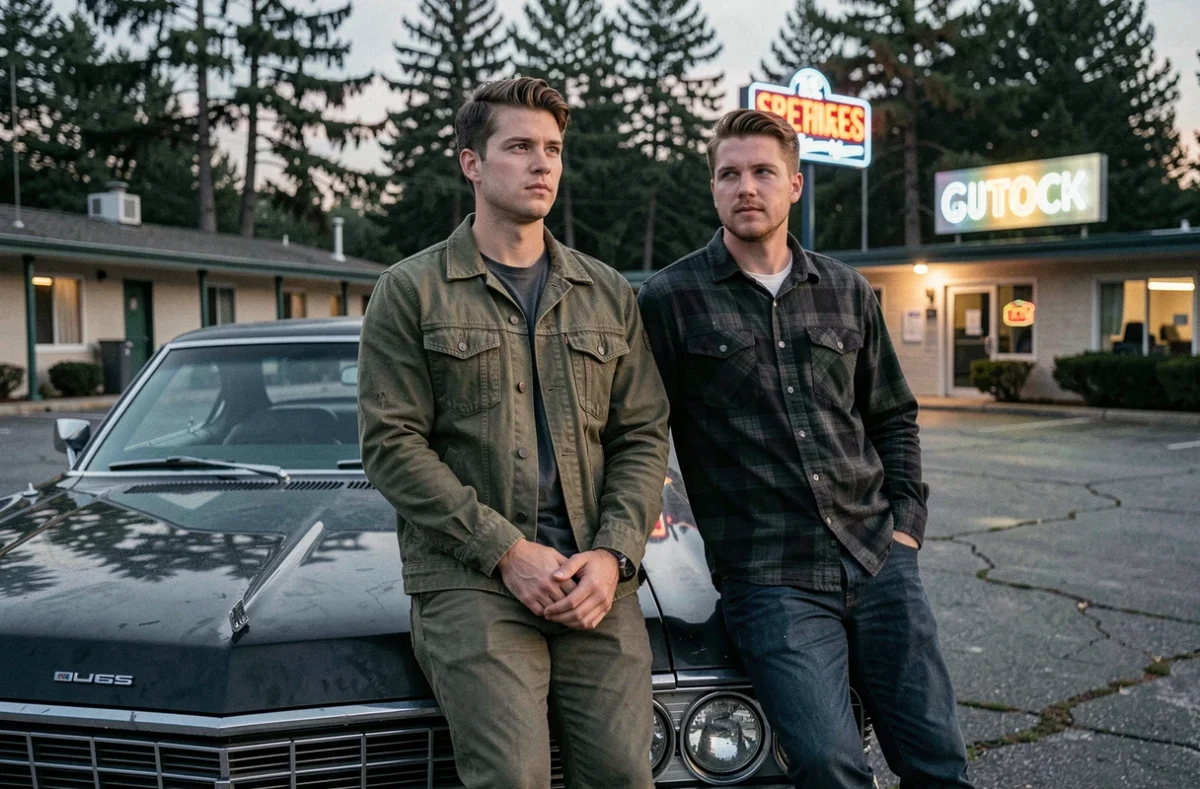 Deux hommes appuyés contre une Impala noire devant un motel américain rétro dans l'ambiance de Supernatural