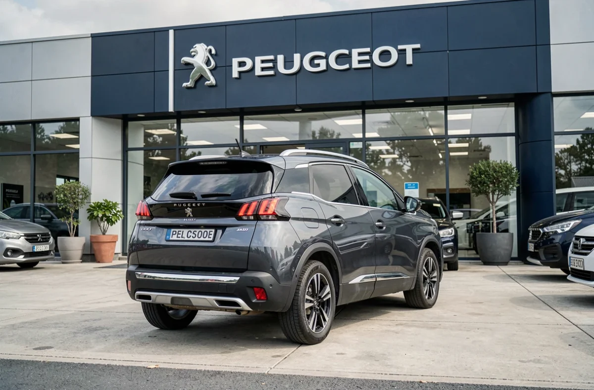 Peugeot 3008 grise garée devant une concession Peugeot officielle dans le cadre d'un rappel constructeur